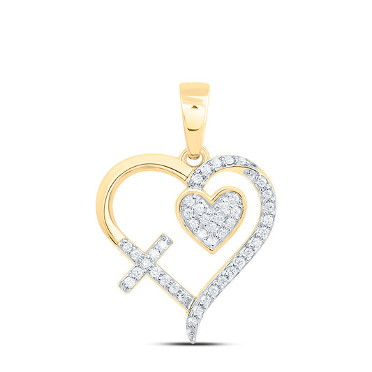 10K Yellow Or White Gold 1/5Cttw Natural Diamond Cn Fashion Cross Heart Pendant