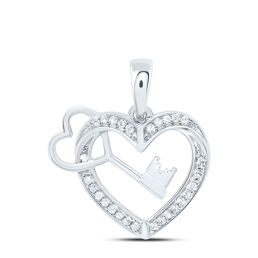 Sterling Silver 1/10Cttw Natural Diamond Gift Key Heart Pendant