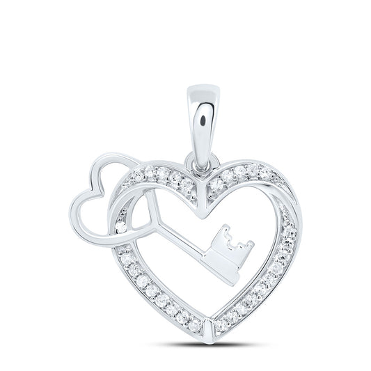 Sterling Silver 1/10Cttw Natural Diamond Gift Key Heart Pendant