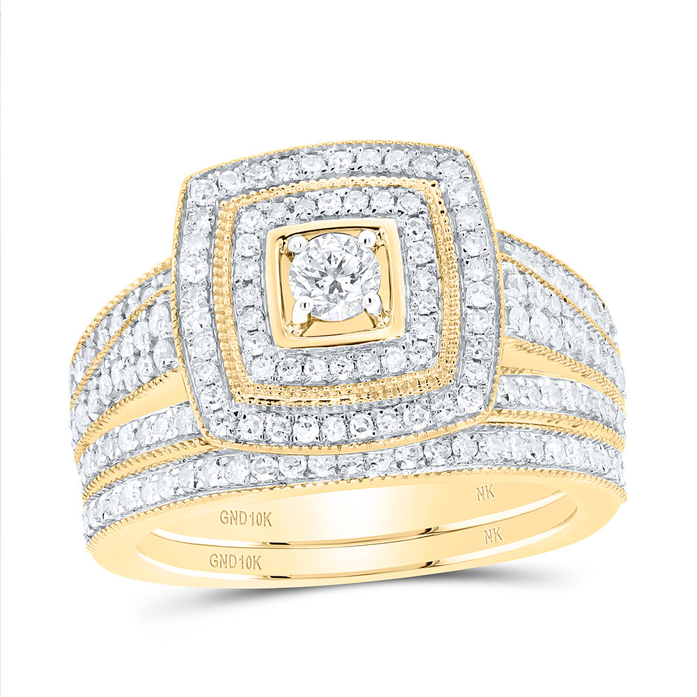 10K Yellow Or White Gold 1Cttw Natural Diamond Fashion Square Double Halo Bridal Set