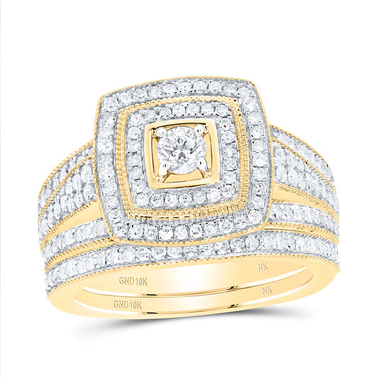 10K Yellow Or White Gold 1Cttw Natural Diamond Fashion Square Double Halo Bridal Set