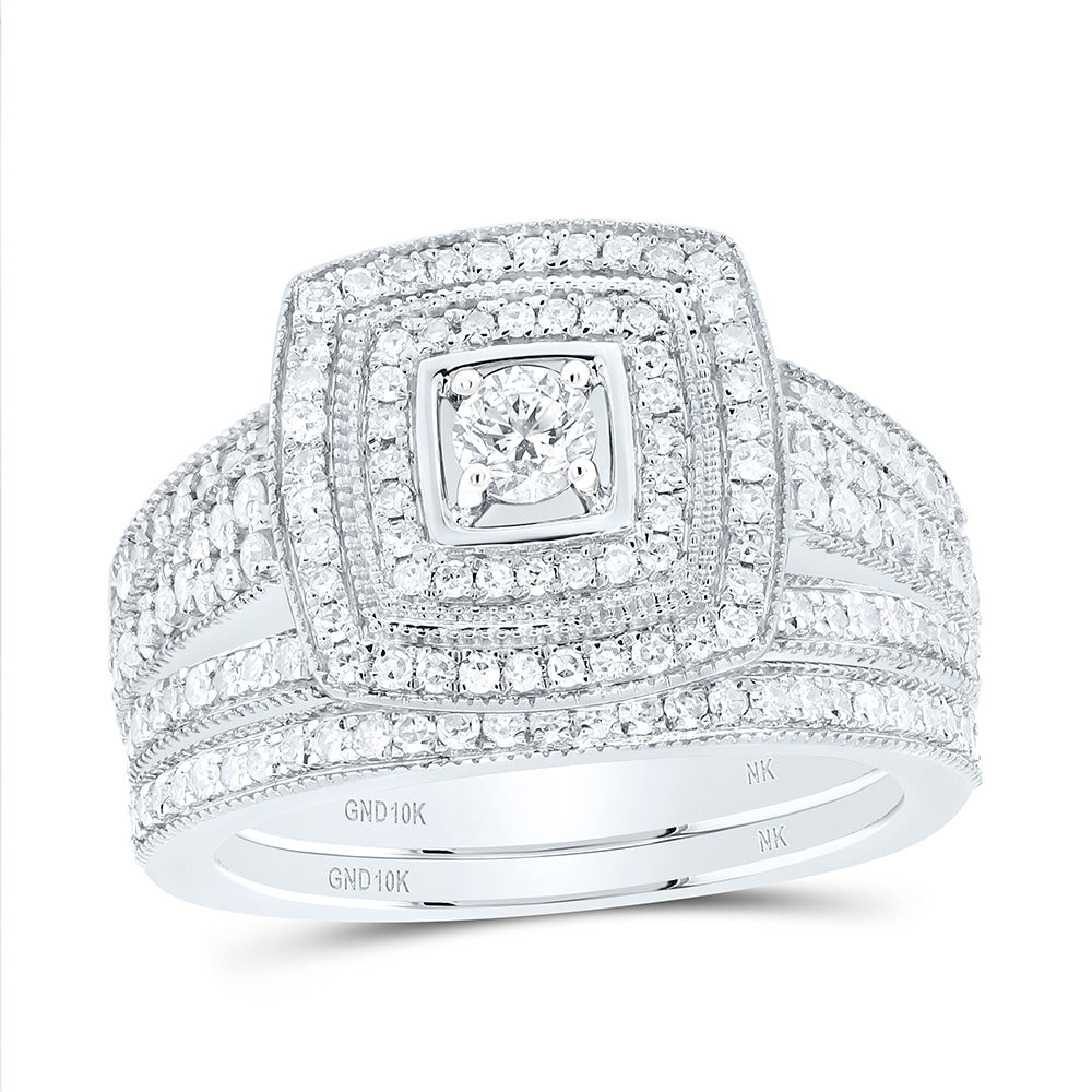 10K Yellow Or White Gold 1Cttw Natural Diamond Fashion Square Double Halo Bridal Set