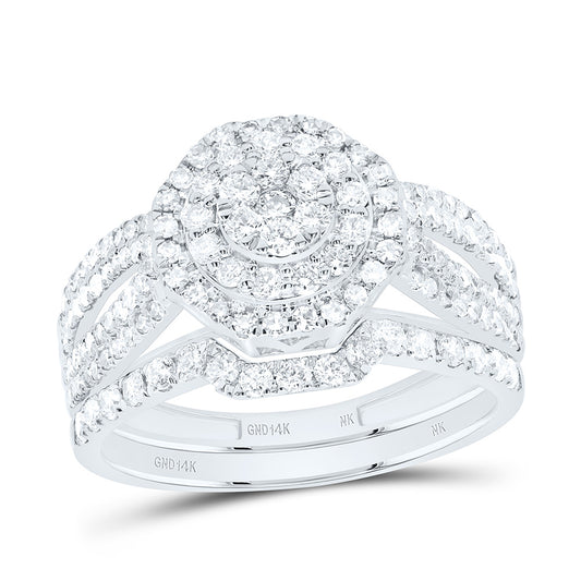 14K White Gold 1 Cttw Natural Diamond Nk Fashion Octagon Double Halo Anniversary Wedding Engagement Band Ring Bridal Set