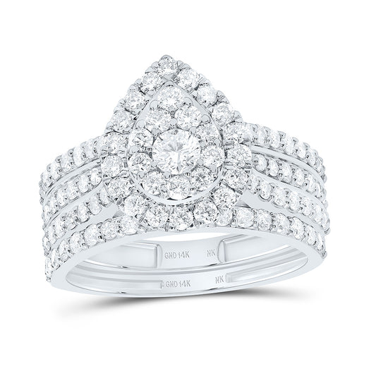 14K White Gold 1 3/8 Cttw Natural Diamond Nk Fashion Pear Single Halo Anniversary Wedding Engagement Band Ring Bridal Set