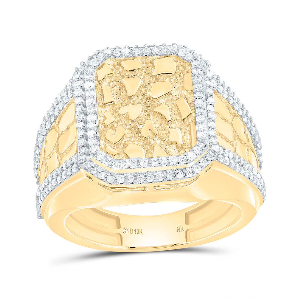 10K Yellow Gold 3/4Cttw Natural Diamond Nugget Emerald Men'S Ring