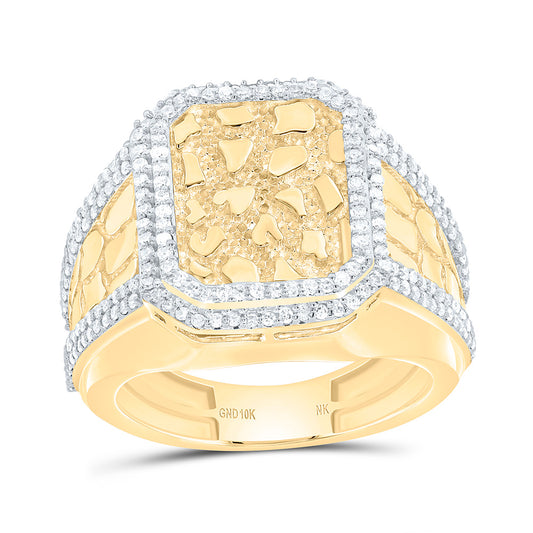 10K Yellow Gold 3/4Cttw Natural Diamond Nugget Emerald Men'S Ring