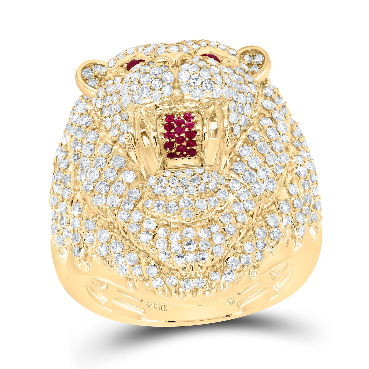 10K Yellow Gold 2 3/8Cttw Natural Diamond 1/10Cttw Round Ruby  Lion Face Men'S Ring