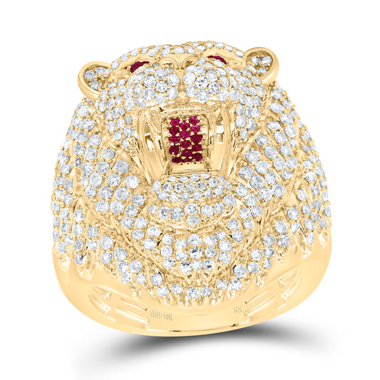 10K Yellow Gold 2 3/8Cttw Natural Diamond 1/10Cttw Round Ruby  Lion Face Men'S Ring