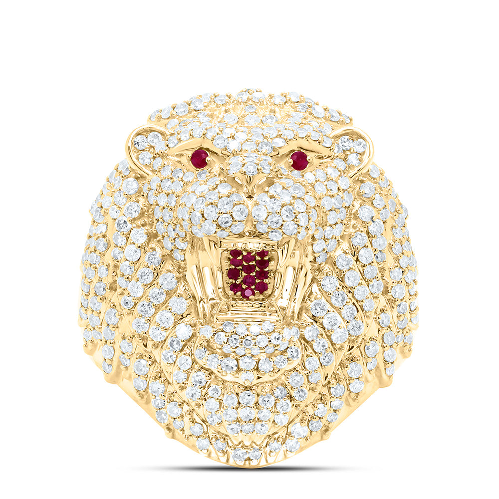 10K Yellow Gold 2 3/8Cttw Natural Diamond 1/10Cttw Round Ruby  Lion Face Men'S Ring