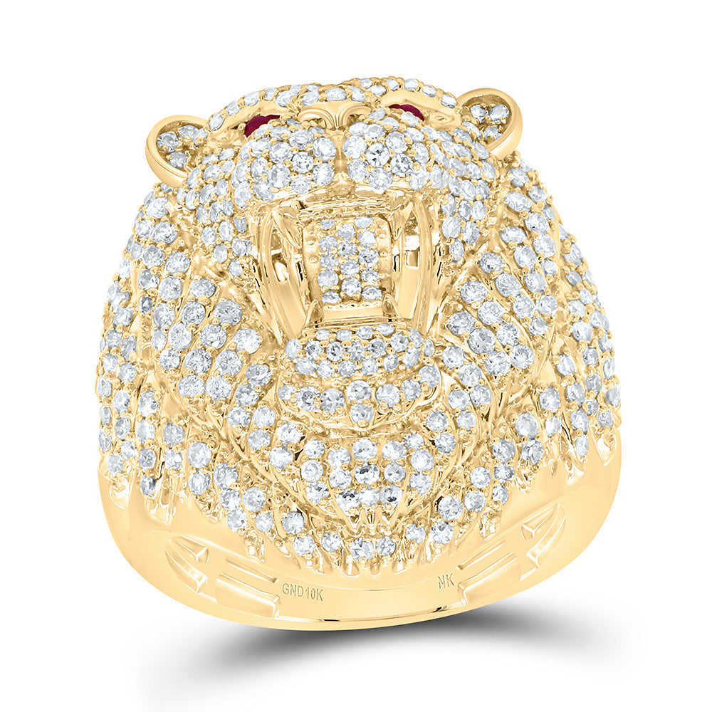 10K Yellow Gold 2 1/2Cttw Natural Diamond 0.03Cttw Round Ruby  Lion Face Men'S Ring