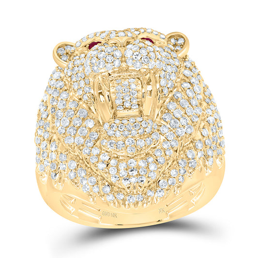 10K Yellow Gold 2 1/2Cttw Natural Diamond 0.03Cttw Round Ruby  Lion Face Men'S Ring