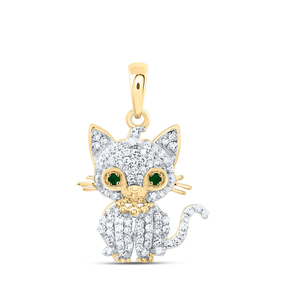 10K Yellow Or White Gold 1/6Cttw Natural Diamond Gift 0.01Cttw Round Emerald Cat Pendant