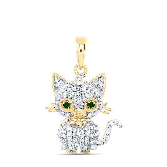 10K Yellow Or White Gold 1/6Cttw Natural Diamond Gift 0.01Cttw Round Emerald Cat Pendant