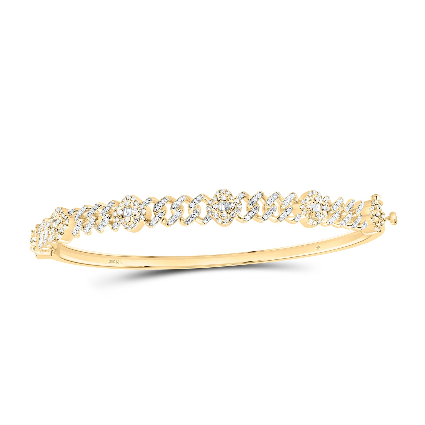 10K Or 14K Yellow Gold 3/4Cttw Natural Diamond Fashion Clover Cuban Bangle (65X55Mm)