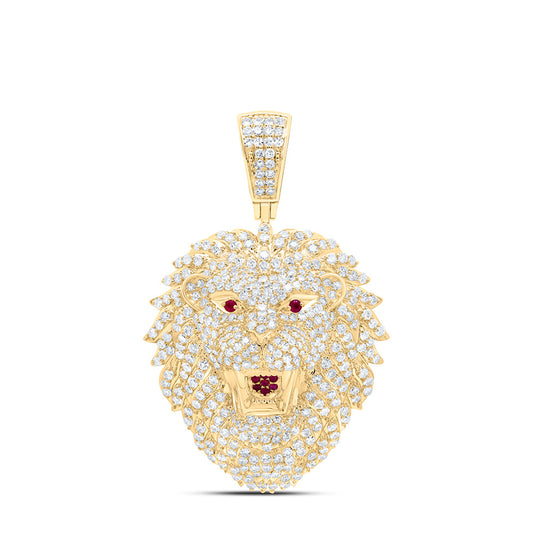 10K Yellow Gold 2 1/3Cttw Natural Diamond 1/10Cttw Round Ruby  Lion Face Mens Charm