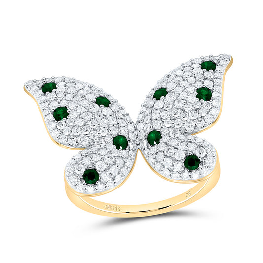 14K Yellow Gold 1 1/3Cttw Natural Diamond Cn 1/3Ctw Round Emerald Natural Gem Butterfly Ring