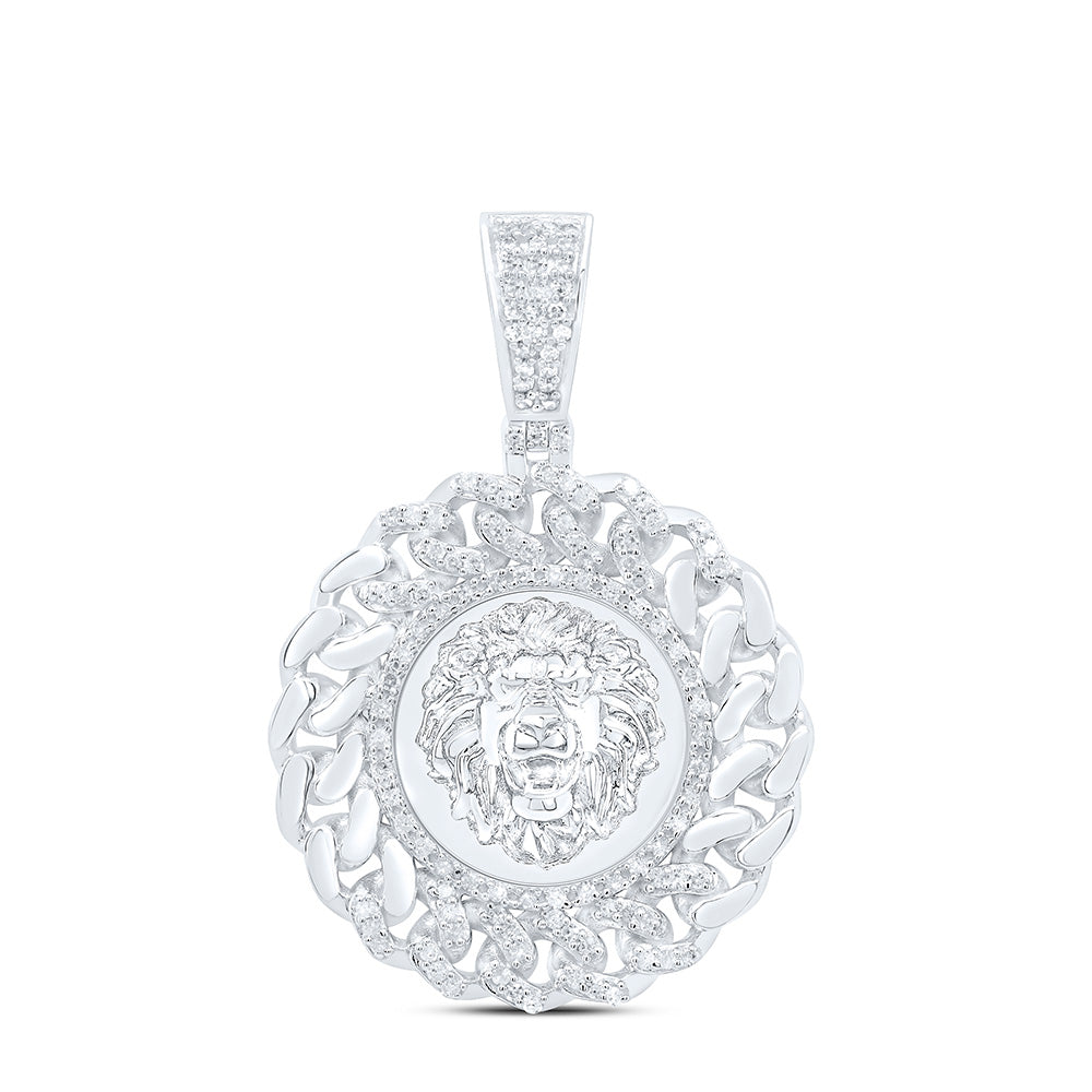 Sterling Silver 1/2Cttw Natural Diamond Lion Face Round Cuban Mens Charm