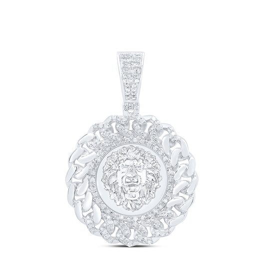 Sterling Silver 1/2Cttw Natural Diamond Lion Face Round Cuban Mens Charm