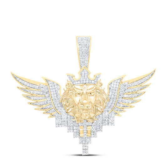 10K Yellow Gold 1 1/4Cttw Natural Diamond Lion Face Wings Cross Mens Charm