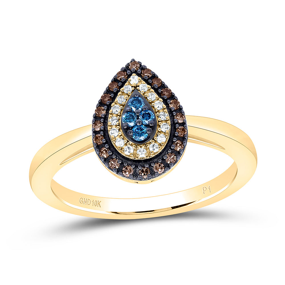 10K Yellow Or Rose Gold 1/5Cttw Natural Diamond Gift Cognac Natural, Blue Dia Pear Ring