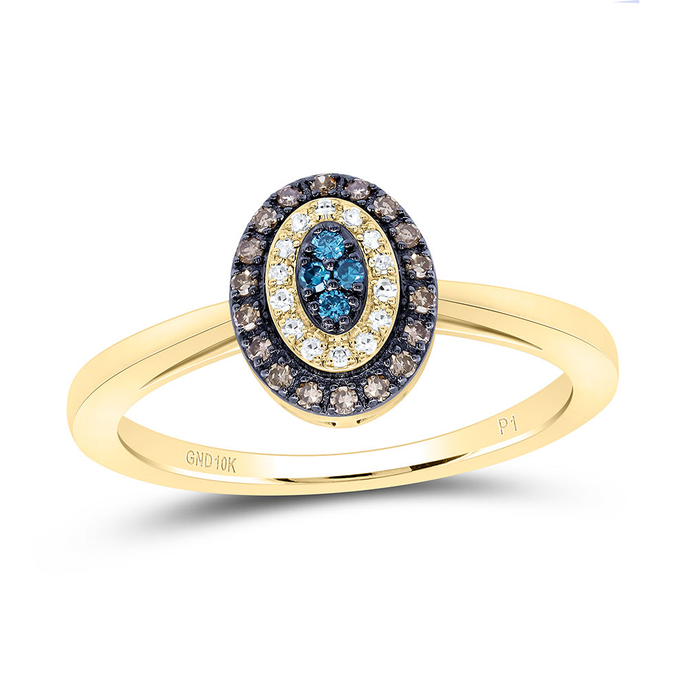 10K Yellow Or Rose Gold 1/6Cttw Natural Diamond Gift Cognac Natural, Blue Dia Oval Ring