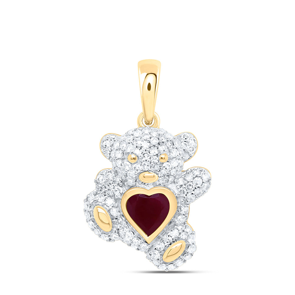 10K Yellow Or White Or Rose Gold 3/8Cttw Natural Diamond 5Mm Gem Heart Teddy Bear Pendant