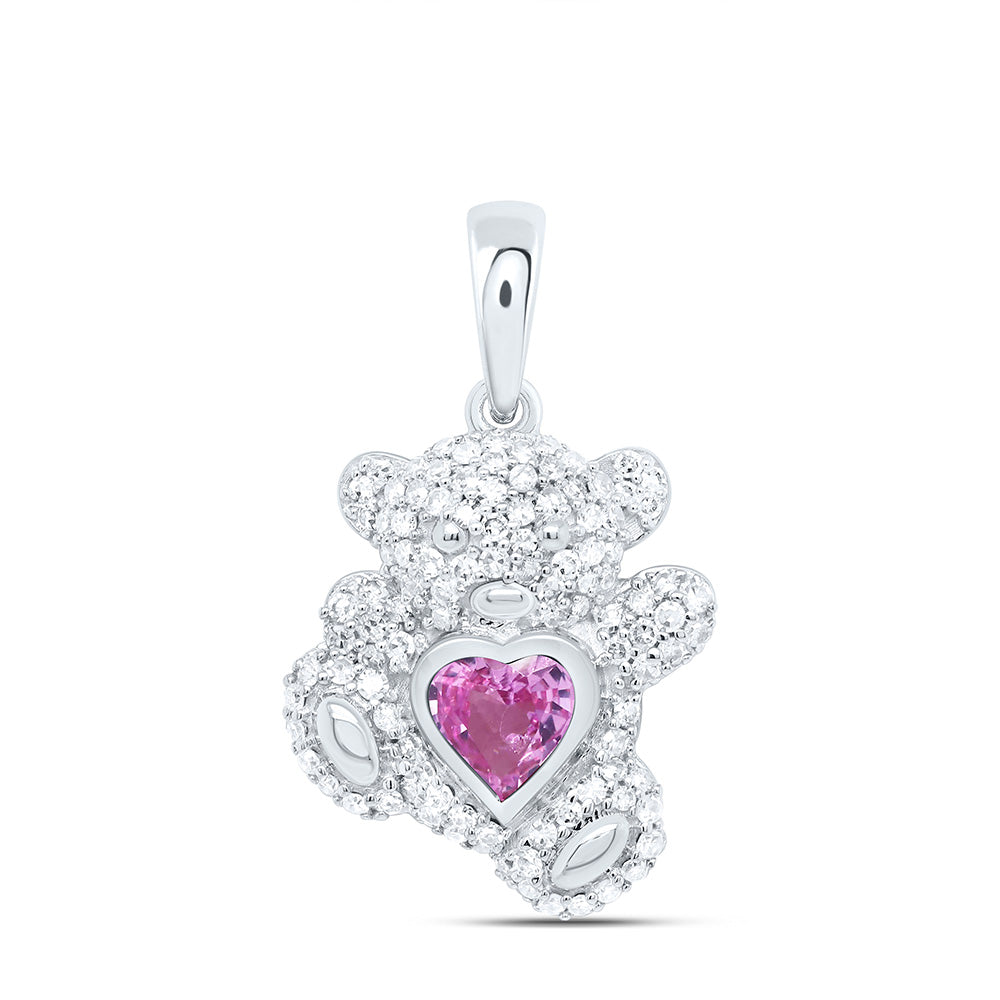 10K Yellow Or White Or Rose Gold 3/8Cttw Natural Diamond 5Mm Gem Heart Teddy Bear Pendant