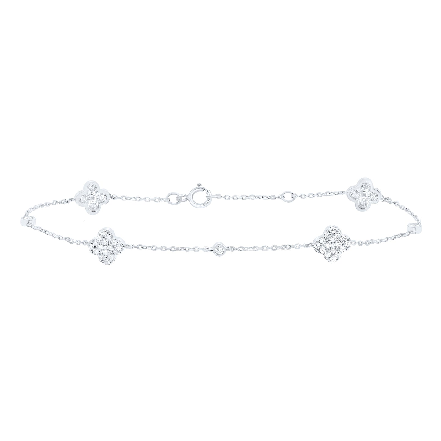 14K White Gold 1/3Cttw Natural Diamond Fashion Clover Bracelet ( 7 Inch )