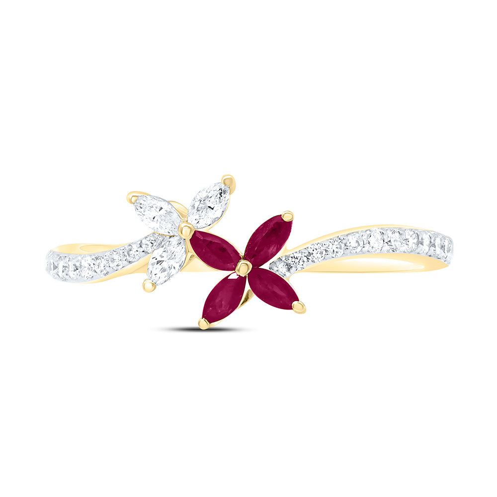 14K Yellow Or White Gold 1/5Cttw Natural Diamond Marquise Gem Flower Ring