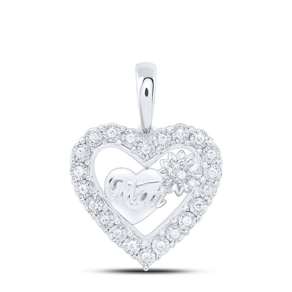 Sterling Silver 1/10 Cttw Natural Diamond "Mom" Flower Heart Pendant
