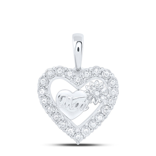 Sterling Silver 1/10 Cttw Natural Diamond "Mom" Flower Heart Pendant