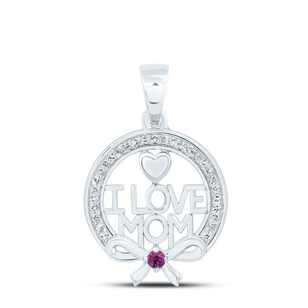 10K Yellow Or White Gold 1/10Cttw Natural Diamond 1.8Mm Round Pink Sapphire Heart "I Love Mom" Pendant