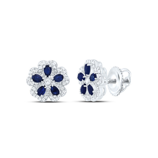 14K White Gold 1/6Cttw Natural Diamond 5/8Cttw Pear Blue Sapphire Flower Earring