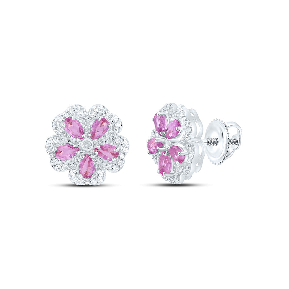 14K White Or Rose Gold Natural Diamond Cn Pear Pink Sapphire Natural Gem Flower Earring