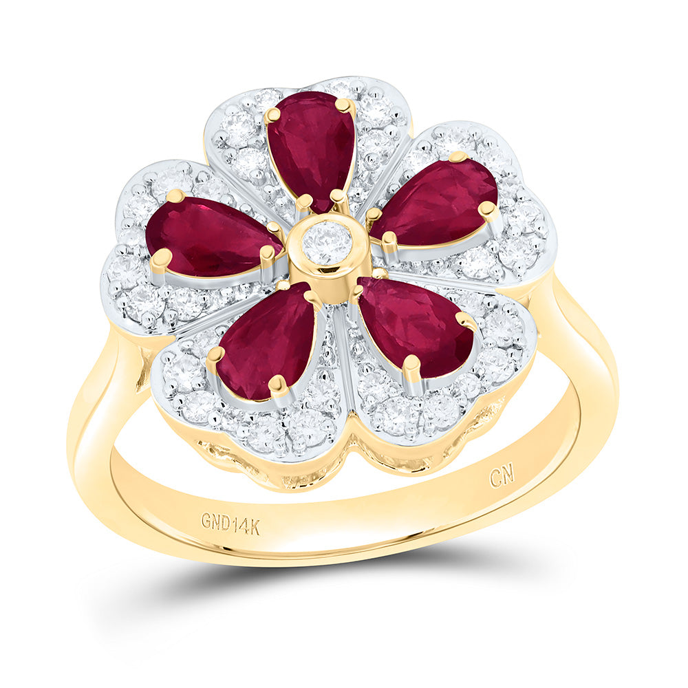 14K Yellow Gold 1/3Cttw Natural Diamond Pear Gem Flower Ring
