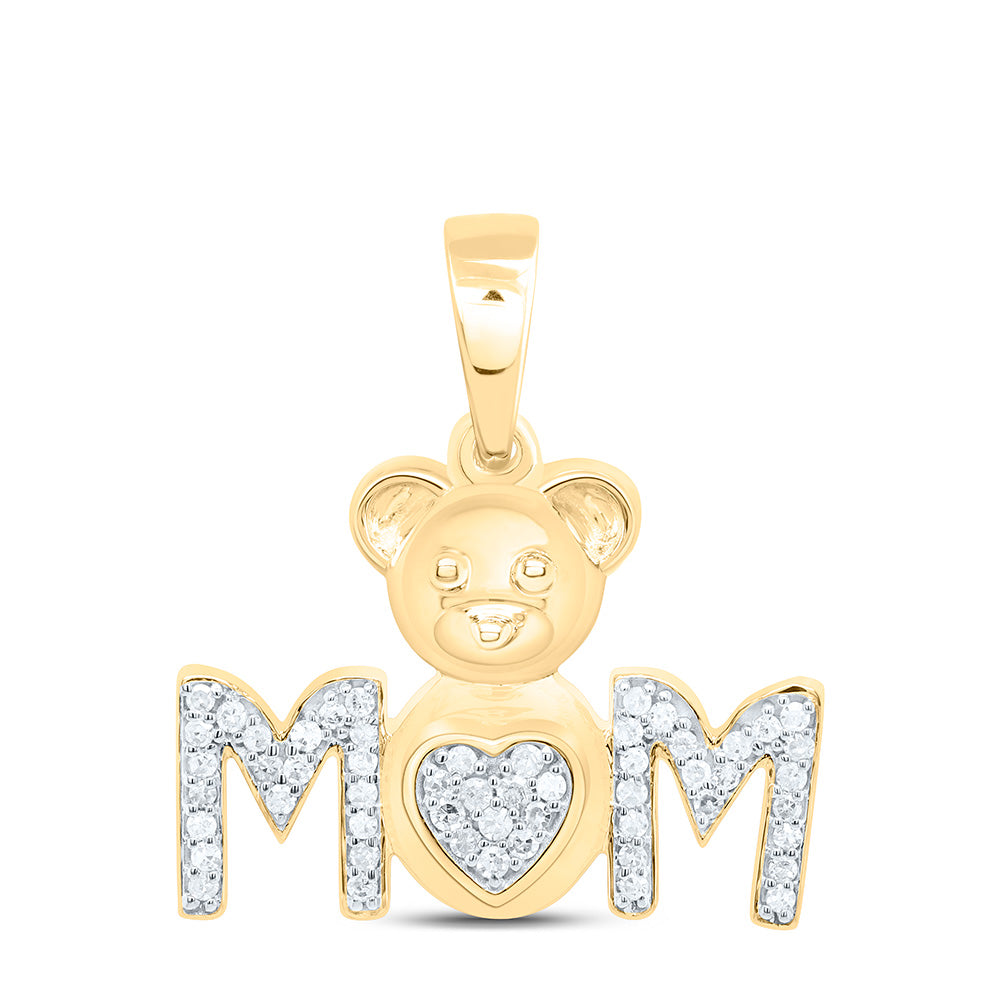 10K Yellow Gold 1/6Cttw Natural Diamond Gift Teddy Bear Heart "Mom" Pendant