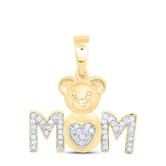 10K Yellow Gold 1/6Cttw Natural Diamond Gift Teddy Bear Heart "Mom" Pendant