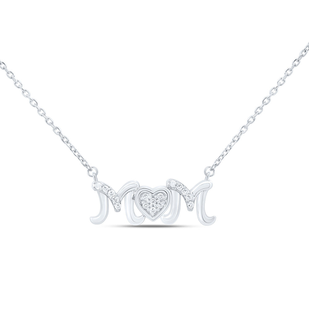 Sterling Silver 1/12Cttw Natural Diamond P2 Gift Heart "Mom" Necklace (18 Inch)