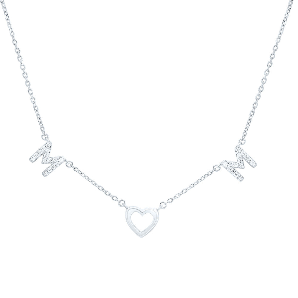 Sterling Silver 1/8Cttw Natural Diamond P2 Gift Heart "Mom" Necklace (18 Inch)