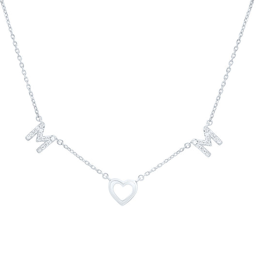 Sterling Silver 1/8Cttw Natural Diamond P2 Gift Heart "Mom" Necklace (18 Inch)