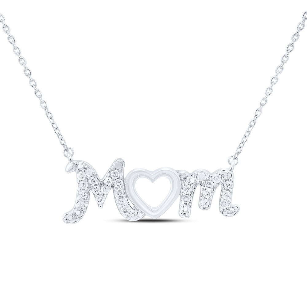 Sterling Silver 1/10Cttw Natural Diamond P2 Gift Heart "Mom" Necklace (18 Inch)