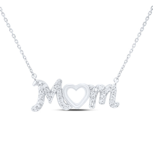 Sterling Silver 1/10Cttw Natural Diamond P2 Gift Heart "Mom" Necklace (18 Inch)