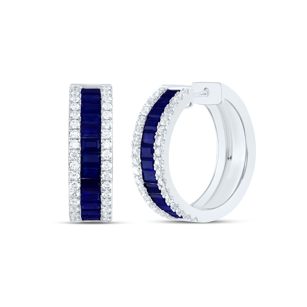 14K White Gold 3/4Cttw Natural Diamond 2 Cttw Baguette Blue Sapphire Hoop Earring