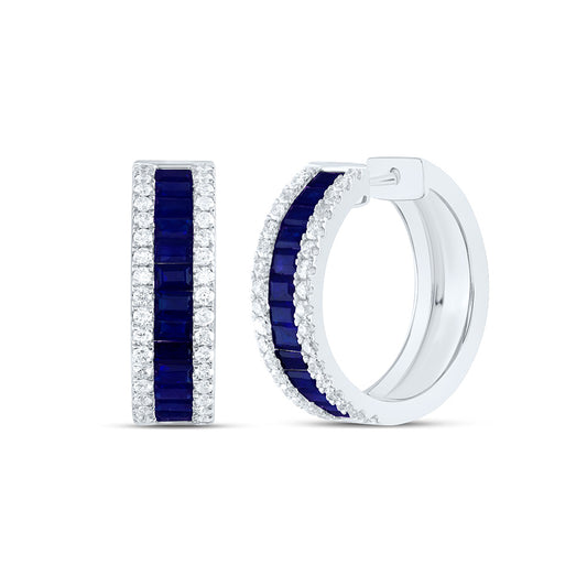 14K White Gold 3/4Cttw Natural Diamond 2 Cttw Baguette Blue Sapphire Hoop Earring