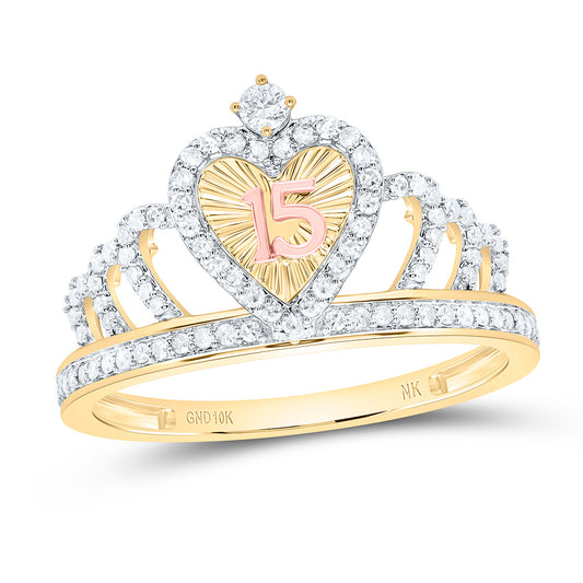 10K Yellow/Rose Gold 1/3Cttw Natural Diamond Gift "15" Heart Crown Ring