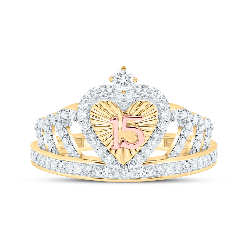 10K Yellow/Rose Gold 1/3Cttw Natural Diamond Gift "15" Heart Crown Ring