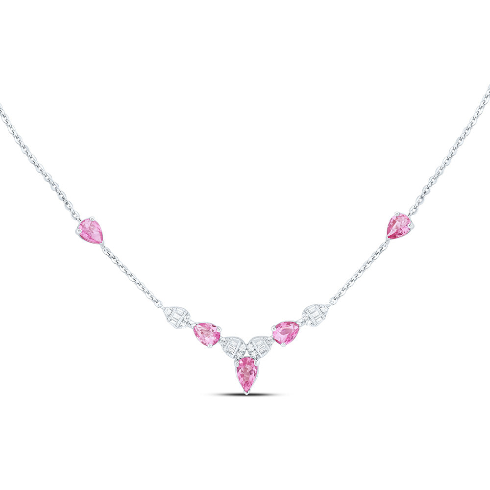 14K White Gold 1/10Cttw Natural Diamond Ana M 1 1/5Ctw Pear Pink Sapphire Natural Gem Pear Necklace (18 Inch)