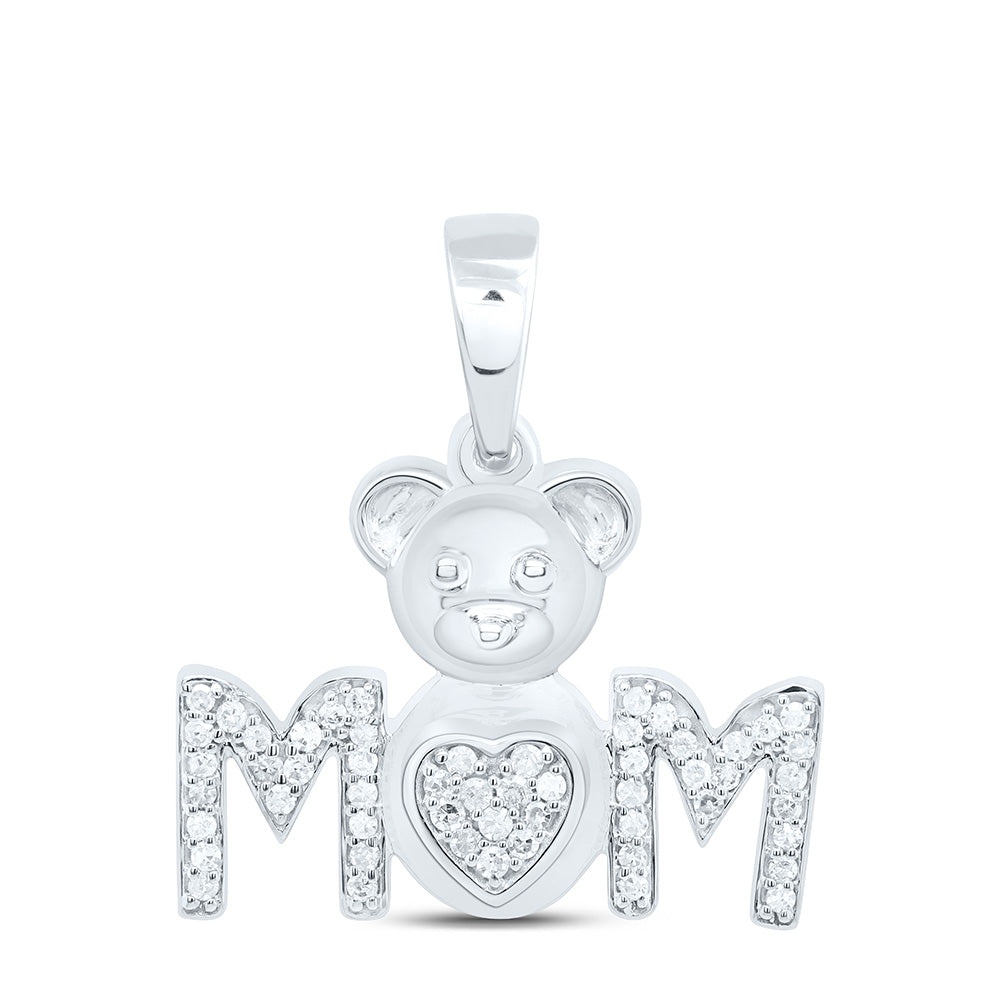 10K Yellow Or White Gold 1/6Cttw Natural Diamond Gift Teddy Bear Heart "Mom" Pendant