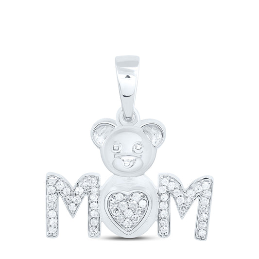 10K Yellow Or White Gold 1/6Cttw Natural Diamond Gift Teddy Bear Heart "Mom" Pendant