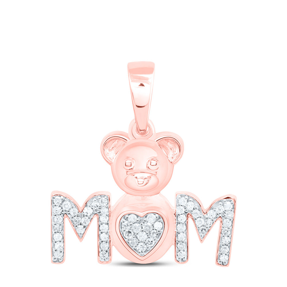 10K Yellow Or White Gold 1/6Cttw Natural Diamond Gift Teddy Bear Heart "Mom" Pendant